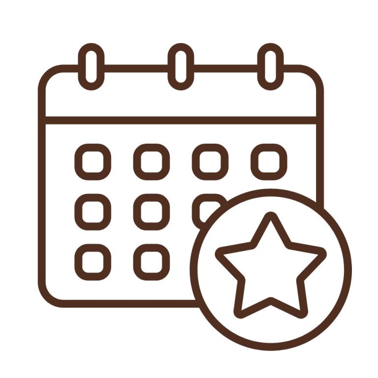 Outline of a calendar with a star symbol in a circle in front, indicating an important date or event.