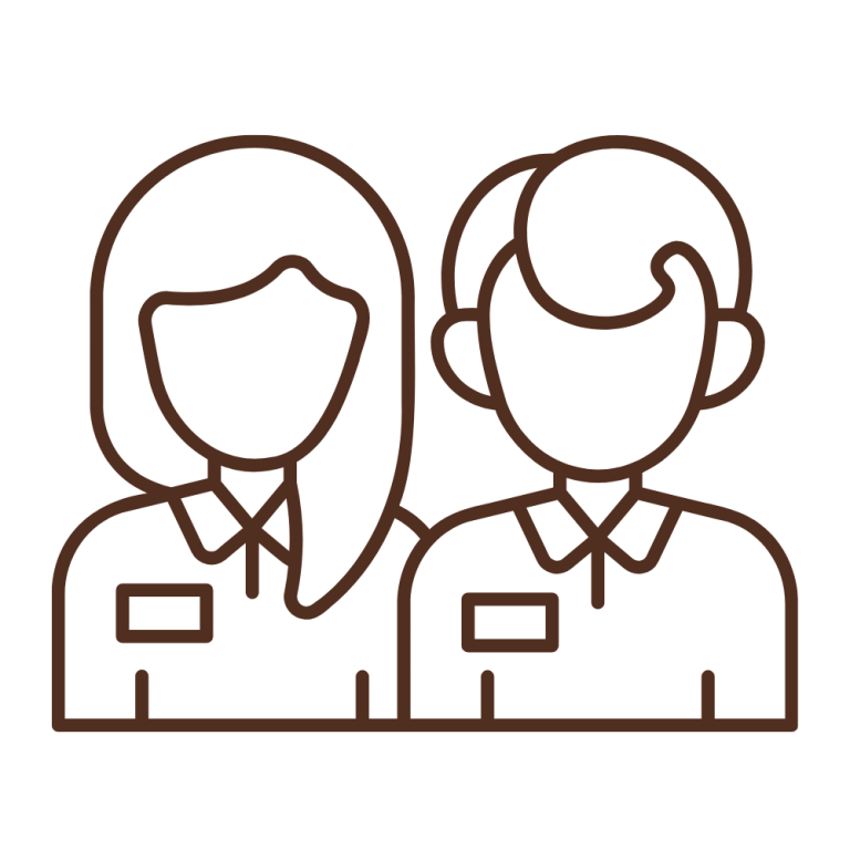 Line drawing of two faceless people in uniforms, one with long hair and one with short hair, side by side.