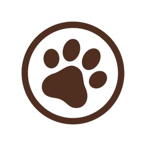 Brown paw print inside a circle on a white background.