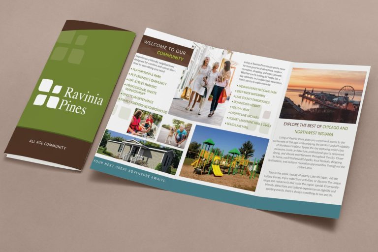 A tri-fold brochure for Ravinia Pines community, showing homes, people, playground, and local attractions.