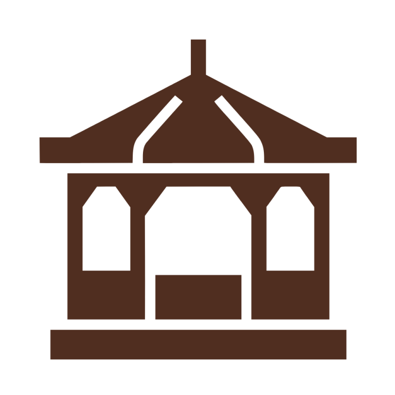 A brown, stylized icon of a gazebo or park pavilion against a light gray background.